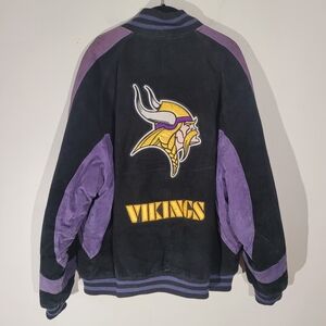 NFL Vintage 90s Vikings‎ Leather Suede Jacket Large Bomber Football Black Purple